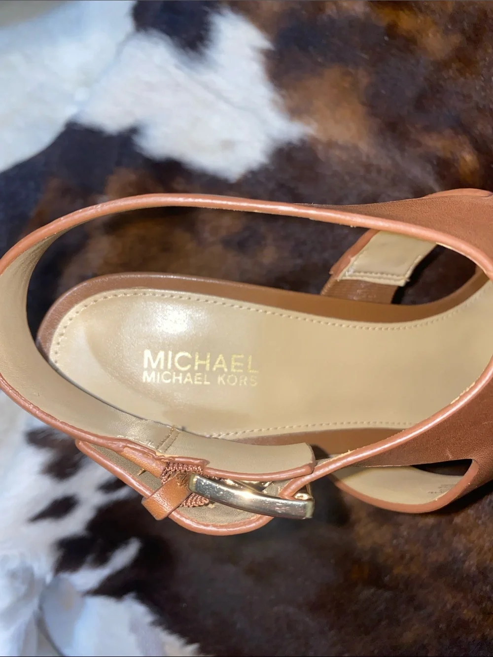 Michael Kors Tan Brown Leather Platform Sandals with Gold Buckle